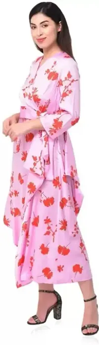 Trendy Satin Floral Print V Neck 3/4 Sleeves Dress For Women-thumb2