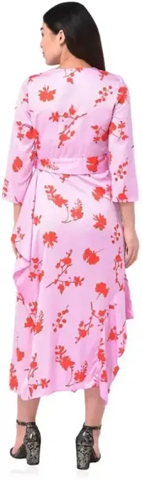 Trendy Satin Floral Print V Neck 3/4 Sleeves Dress For Women-thumb2