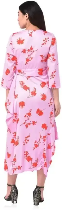 Trendy Satin Floral Print V Neck 3/4 Sleeves Dress For Women-thumb3