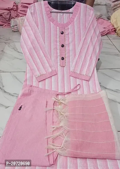 Reliable Light Pink Striped Cotton Kurta with Bottom And Duptta Set For Women-thumb0