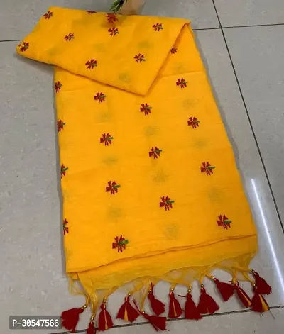 Handloom Khadi Cotton Shiuli Flower Embroidered Design Saree With Bouse Piece