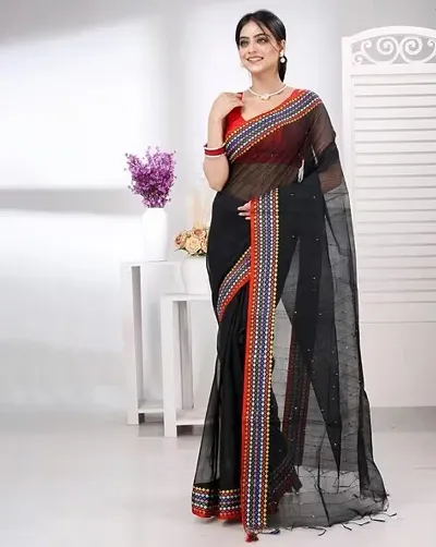 Glamorous Cotton Blend Saree without Blouse piece