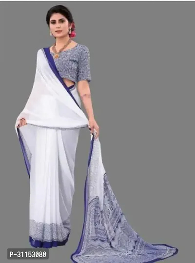 Stylish White Georgette Saree with Blouse piece For Women-thumb0