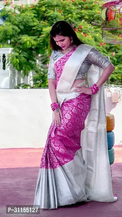 Stylish Pink Cotton Silk Saree with Blouse piece For Women-thumb0