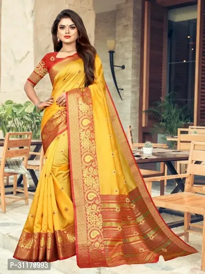 Stylish Art Silk Yellow Woven Design Saree with Blouse Piece For Women-thumb0