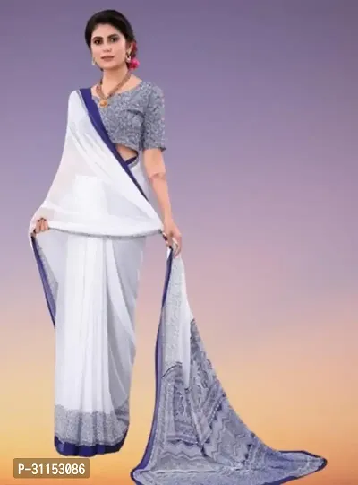 Stylish White Georgette Saree with Blouse piece For Women-thumb0