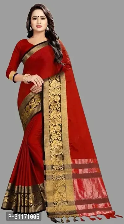 Stylish Cotton Blend Red Woven Design Saree with Blouse Piece For Women-thumb0