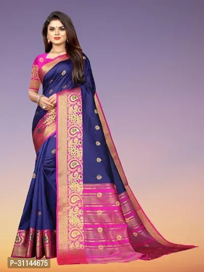 Stylish Cotton Silk Navy Blue Jacquard Saree with Blouse Piece For Women