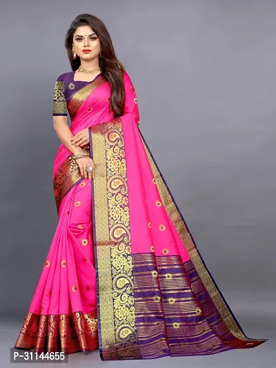 Stylish Cotton Silk Pink Jacquard Saree with Blouse Piece For Women-thumb0