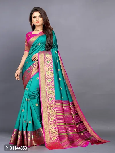 Stylish Cotton Silk Green Jacquard Saree with Blouse Piece For Women-thumb0