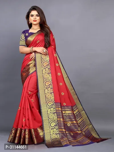 Stylish Cotton Silk Red Jacquard Saree with Blouse Piece For Women-thumb0