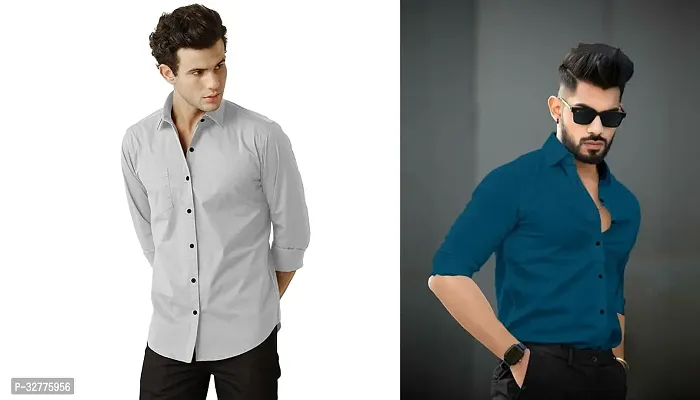 Reliable Polyester Solid Long Sleeves Casual Shirts For Men Pack Of 2-thumb0