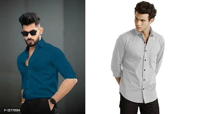 Reliable Polyester Solid Long Sleeves Casual Shirts For Men Pack Of 2-thumb0