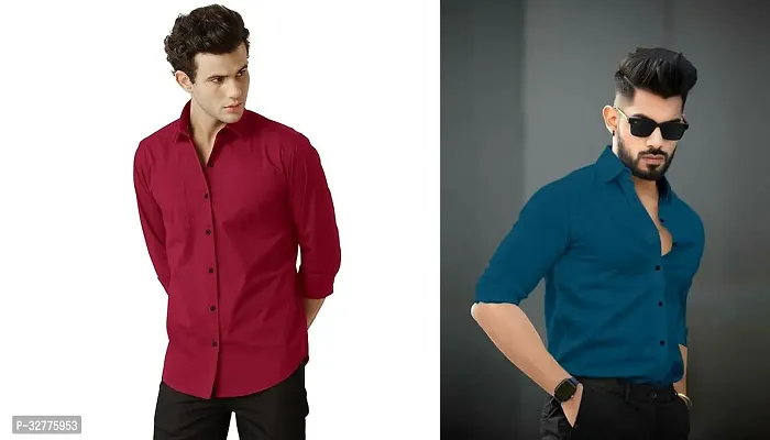 Reliable Polyester Solid Long Sleeves Casual Shirts For Men Pack Of 2-thumb0