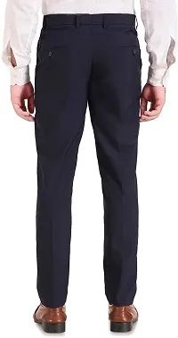 Stylish Dark Blue Cotton Blend Solid Formal Trousers For Men-thumb1