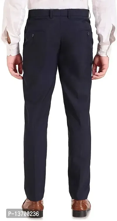 Stylish Dark Blue Cotton Blend Solid Formal Trousers For Men-thumb2