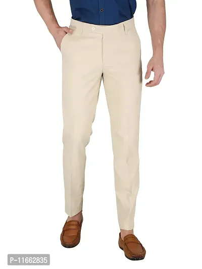 CHARLIE CARLOS Men's Slim Fit Formal Trousers (Polyester Viscose Blend,30) Beige-thumb0