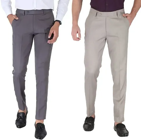 Stylish Polyester Viscose Blend Solid Formal Trousers For Men- Pack of 2