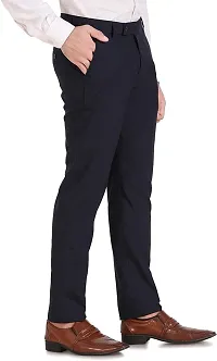Stylish Dark Blue Cotton Blend Solid Formal Trousers For Men-thumb2