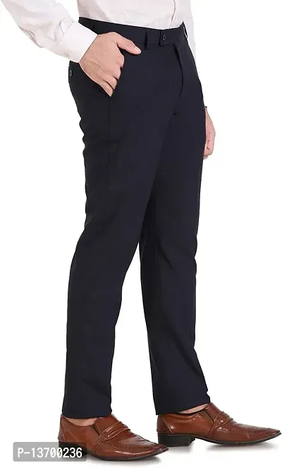 Stylish Dark Blue Cotton Blend Solid Formal Trousers For Men-thumb3