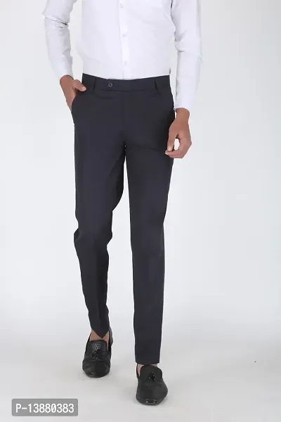 Stylish Navy Blue Viscose Rayon Solid Formal Trousers For Men