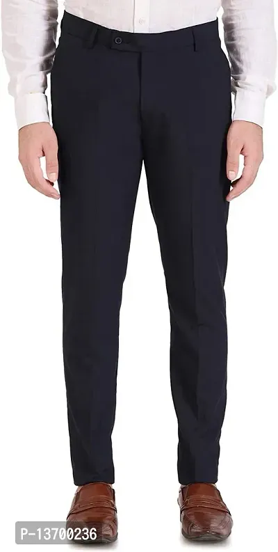 Stylish Dark Blue Cotton Blend Solid Formal Trousers For Men-thumb0