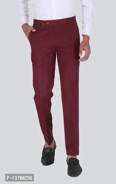 Stylish Maroon Cotton Blend Solid Formal Trousers For Men-thumb0