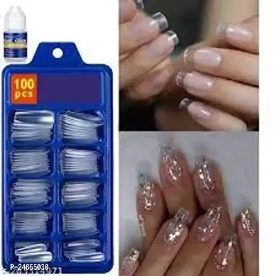 Transparent Nails, 100 Reusable Artificial Fake Nail Set with glue-thumb0