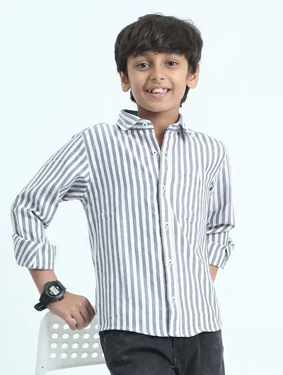 Stylish Beige Color Cotton Striped Shirt For Boys