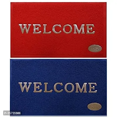 DOZIAZ Printed Welcome Doormat| Strong PVC Material  Anti-Skid Rubber Back  Waterproof | (Size Small 16 * 24 Inches) _Pack of 02 (Red  Blue)