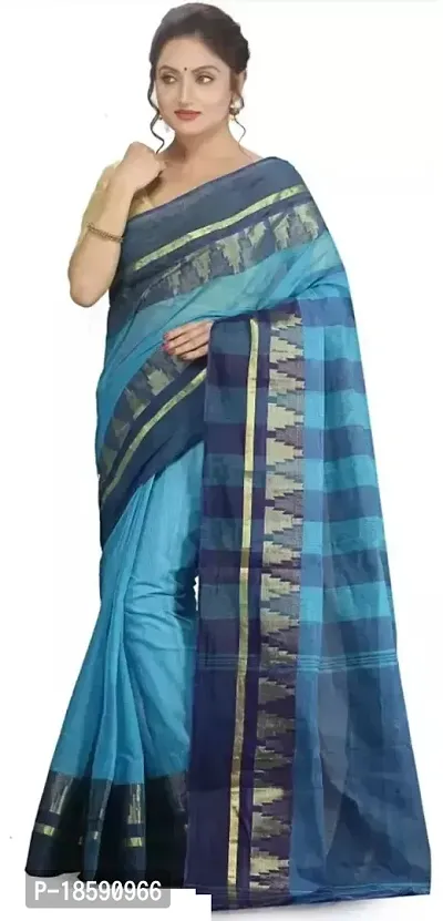 Beautiful Blue Cotton  Printed Saree with Blouse Piece For Women
