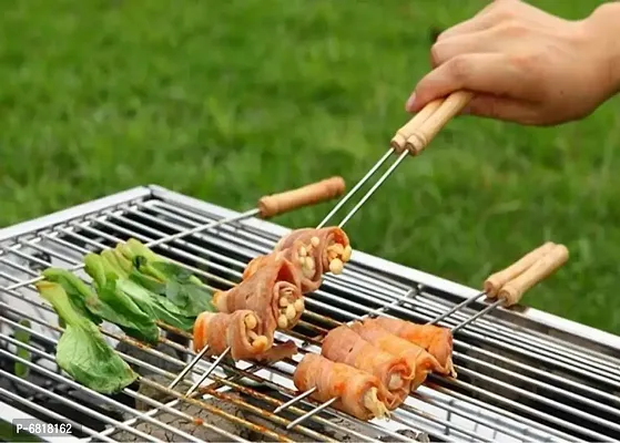 Barbecue Skewers for BBQ Tandoor, Grill | Stainless Steel Stick with Wooden Handle, Pack of 12-thumb0