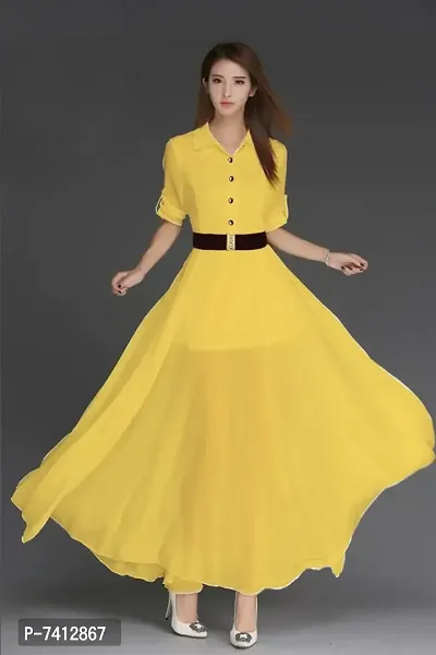 WOMEN YELLOW WESTERN MAXI FRONT SLIT DRESS WITH FASHION BELT