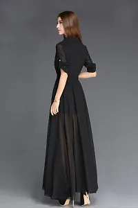 WOMEN BLACK WESTERN MAXI FRONT SLIT DRESS WITH FASHION BELT-thumb1