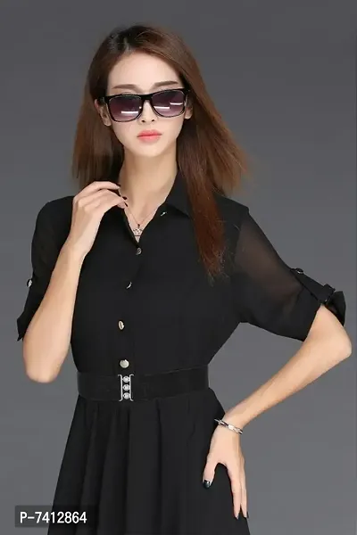 WOMEN BLACK WESTERN MAXI FRONT SLIT DRESS WITH FASHION BELT-thumb4