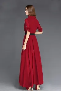 WOMEN MAROON WESTERN MAXI FRONT SLIT DRESS WITH FASHION BELT-thumb1