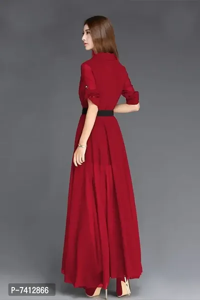 WOMEN MAROON WESTERN MAXI FRONT SLIT DRESS WITH FASHION BELT-thumb2