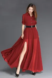 WOMEN MAROON WESTERN MAXI FRONT SLIT DRESS WITH FASHION BELT-thumb2