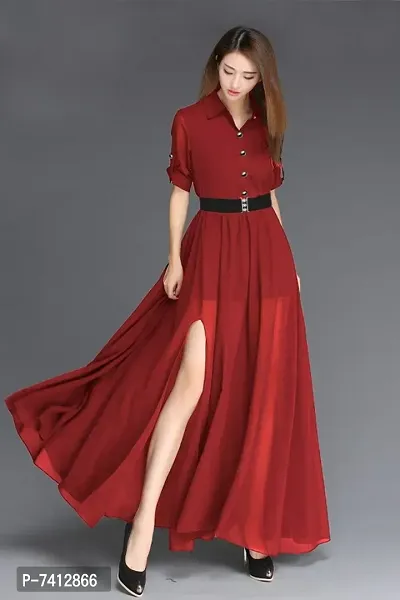 WOMEN MAROON WESTERN MAXI FRONT SLIT DRESS WITH FASHION BELT-thumb3