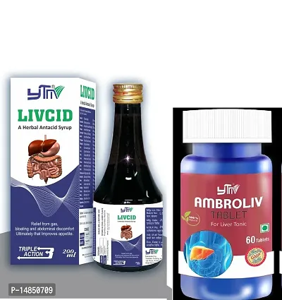 YTM Livcid A Herbal Antacid Syrup (200ml)  Ambroliv Tablet for Liver Tonic (60 Tab) - Combo of 2 Items