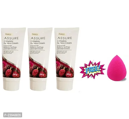 Assure Mulberry_Saxifraga and Grape Extracts Complete Fairness Cream (3x50g) with Free 1 Pc Assorted Color Blender Puff - Combo Pack