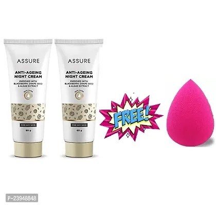 Assure Anti Ageing Night Cream Enriched with Blackberry (2x60g) with Free 1 Pc Blender Puff Sponge - Combo Pack