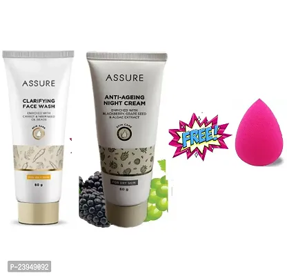 Assure Clarifying Face Wash 60g and Anti Ageing Night Cream 60g with Free 1 Pc Blender Puff Sponge - Combo Pack