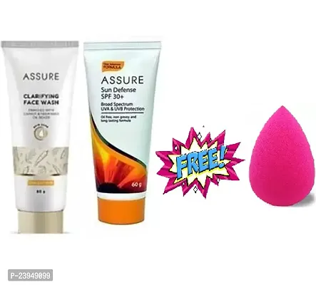 Assure Clarifying Face Wash 60g and Sun Defense Cream with SPF 30+ 60g with Free 1 Pc Blender Puff Sponge - Combo Pack