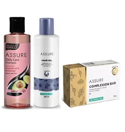 Assure Avocado-Rosemary Daily Care Shampoo and Hair Oil (Each, 200ml) with Olive and Honey Complexion Bar (75g) - Combo of 3 Items
