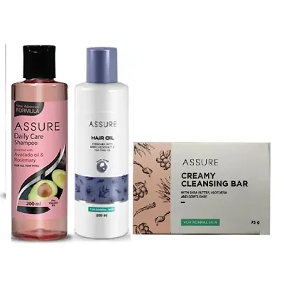 Assure Avocado-Rosemary Daily Care Shampoo and Hair Oil (Each, 200ml) with Creamy Cleansing Bar (75g) - Combo of 3 Items