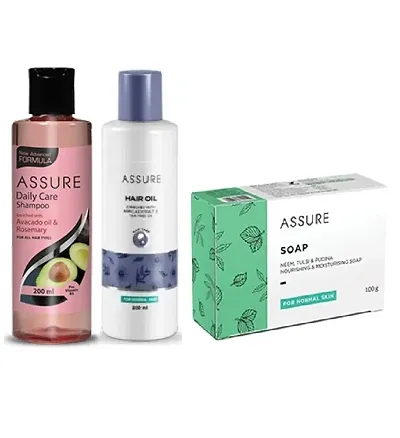 Assure Avocado-Rosemary Daily Care Shampoo and Hair Oil (Each, 200ml) with Neem, Tulsi, Pudina Soap (100g) - Combo of 3 Items
