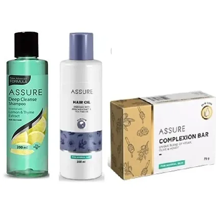 Assure Lemon-Thyme Deep Cleanse Shampoo and Hair Oil (Each, 200ml) with Olive and Honey Complexion Bar (75g) - Combo of 3 Items