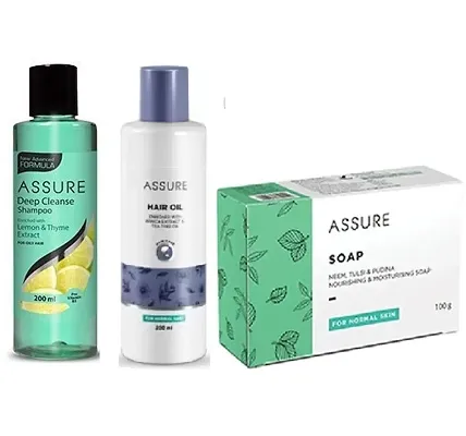 Assure Lemon-Thyme Deep Cleanse Shampoo and Hair Oil (Each, 200ml) with Neem, Tulsi, Pudina Soap (100g) - Combo of 3 Items