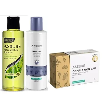 Assure Green Tea Extracts Moisture Rich Shampoo and Hair Oil (Each, 200ml) with Olive and Honey Complexion Bar (75g) - Combo of 3 Items